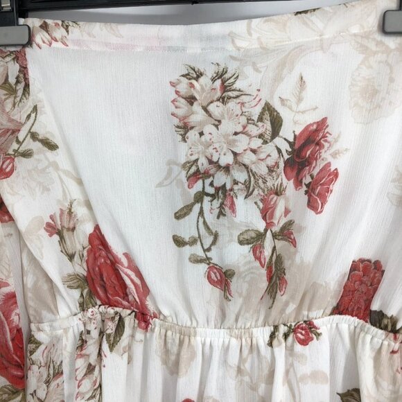 NWT Guess White & Red Floral Long sleeve Button Up Smocked Waist Cold Shoulder S - Picture 12 of 16